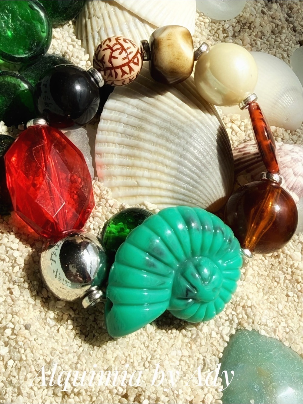 Oversized era + Multicolor Beaded Bracelet with Turquoise Shell Focal
